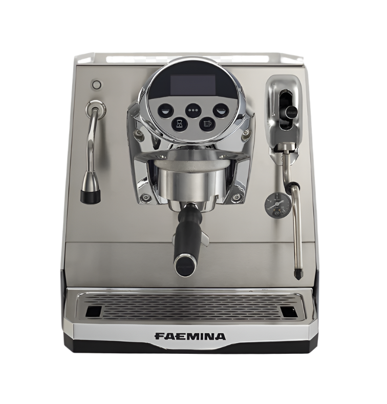 Faemina espresso machine front view in stainless steel with digital display and dual steam wands – perfect for home baristas -Faemina Espresso Machine – Premium Home Brewing Redefined -  The Faemina espresso machine combines elegant design with high-performance brewing technology, ideal for passionate home baristas.